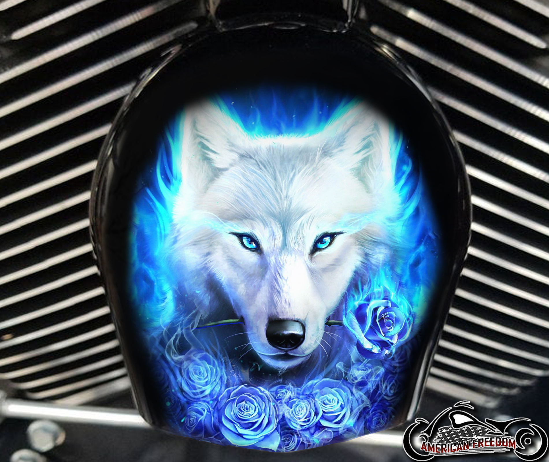 Custom Horn Cover - Blue Rose Wolf